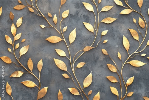 Elegant gold leaf pattern on a gray textured background.