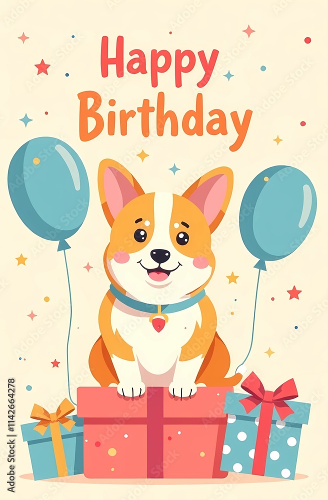 A corgi sits by gifts and balloons, saying happy birthday