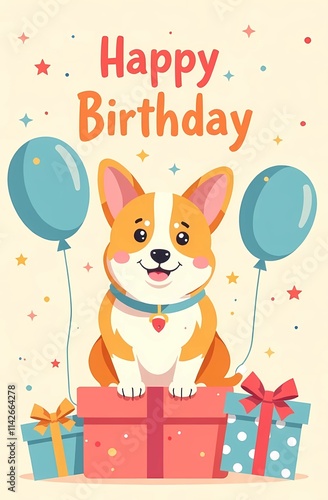 Obraz na płótnie A corgi sits by gifts and balloons, saying happy birthday w salonie