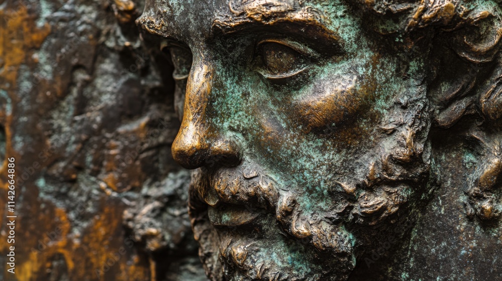 Weathered Bronze Sculpture Closeup Profile View Weathered Bronze Sculpture Closeup Profile View