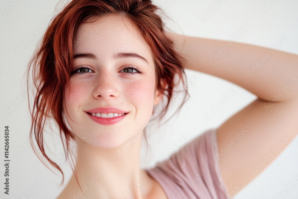 Vibrant young woman with a relaxed hairstyle, lightly tilting her head to the side, expressing happiness. Vibrant young woman with a relaxed hairstyle, lightly tilting her head to the side, expressing happiness.