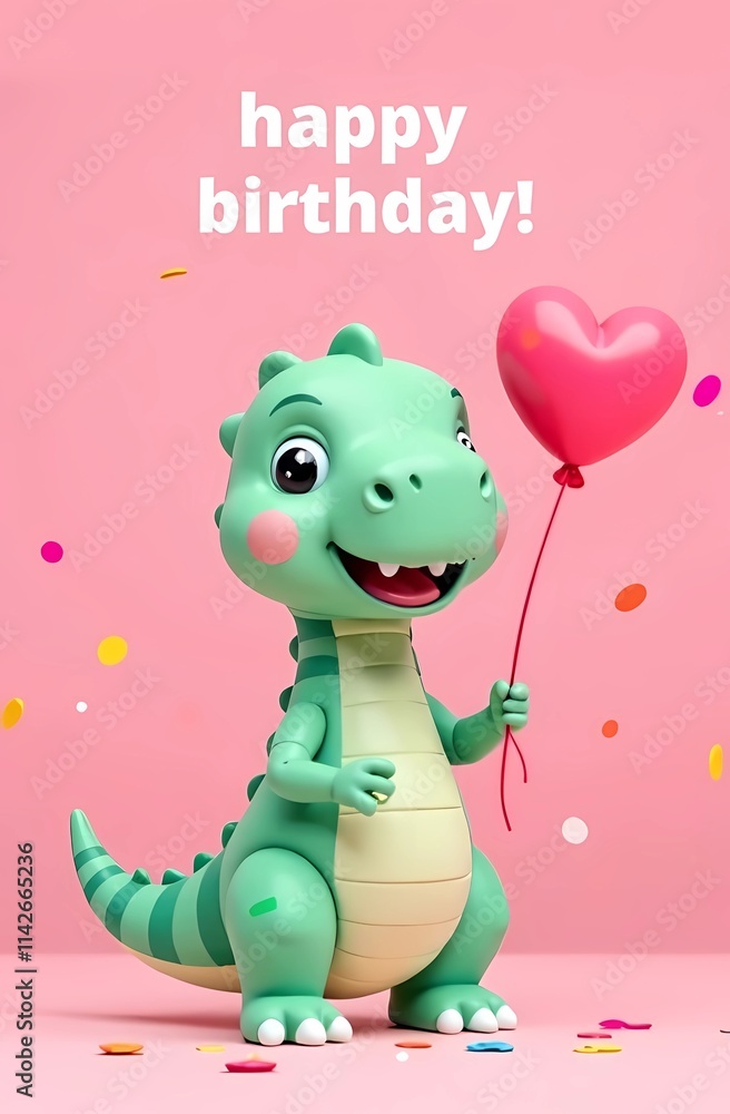 A charming birthday card features an adorable dinosaur happily holding a heartshaped balloon, perfect for celebration