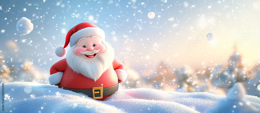 3D cartoon Santa Claus, with a big smile and rosy cheeks, sitting happily on a snowy rooftop. 3D cartoon Santa Claus, with a big smile and rosy cheeks, sitting happily on a snowy rooftop.