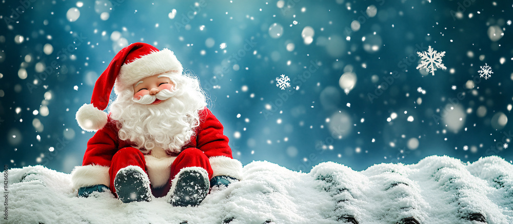Santa Claus in 3D, sitting on a snow-covered roof. His cheerful face and red outfit contrast against the winter backdrop with falling snowflakes. Santa Claus in 3D, sitting on a snow-covered roof. His cheerful face and red outfit contrast against the winter backdrop with falling snowflakes.