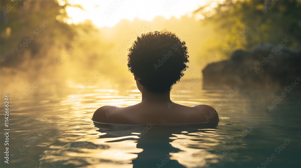 A person with curly hair soaking in a hot spring or pool surrounded by mist and soft sunlight, creating a relaxing and tranquil mood. A person with curly hair soaking in a hot spring or pool surrounded by mist and soft sunlight, creating a relaxing and tranquil mood.