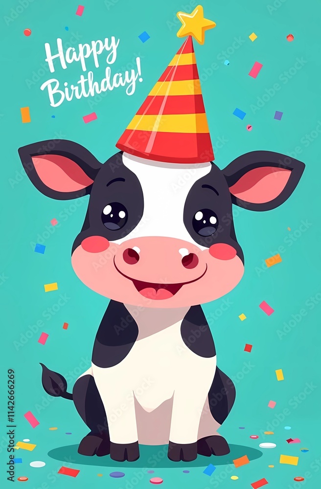 A playful cow adorned with a colorful party hat sits on a blue background