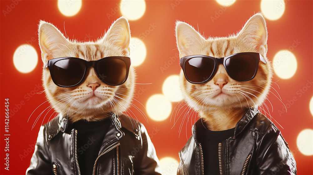 Two cool cats wearing sunglasses and leather jackets against a red, festive background, embodying fun, humor, and a quirky style. Two cool cats wearing sunglasses and leather jackets against a red, festive background, embodying fun, humor, and a quirky style.