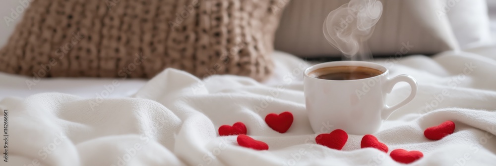A steaming cup of coffee rests on a plush white blanket surrounded by small red hearts in a cozy setting. A steaming cup of coffee rests on a plush white blanket surrounded by small red hearts in a cozy setting.