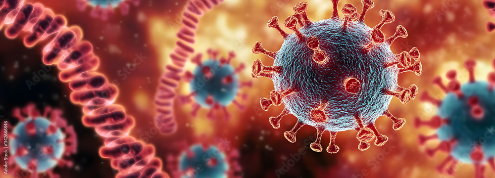Mpox (monkey pox) virus flow with DNA inside. Close-up view of mpox virus. Monkeypox virus background banner format. Mpox (monkey pox) virus flow with DNA inside. Close-up view of mpox virus. Monkeypox virus background banner format.