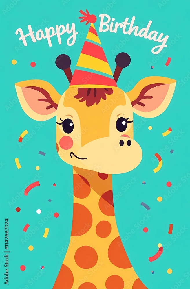 A playful giraffe adorned with a colorful party hat sits on a blue background