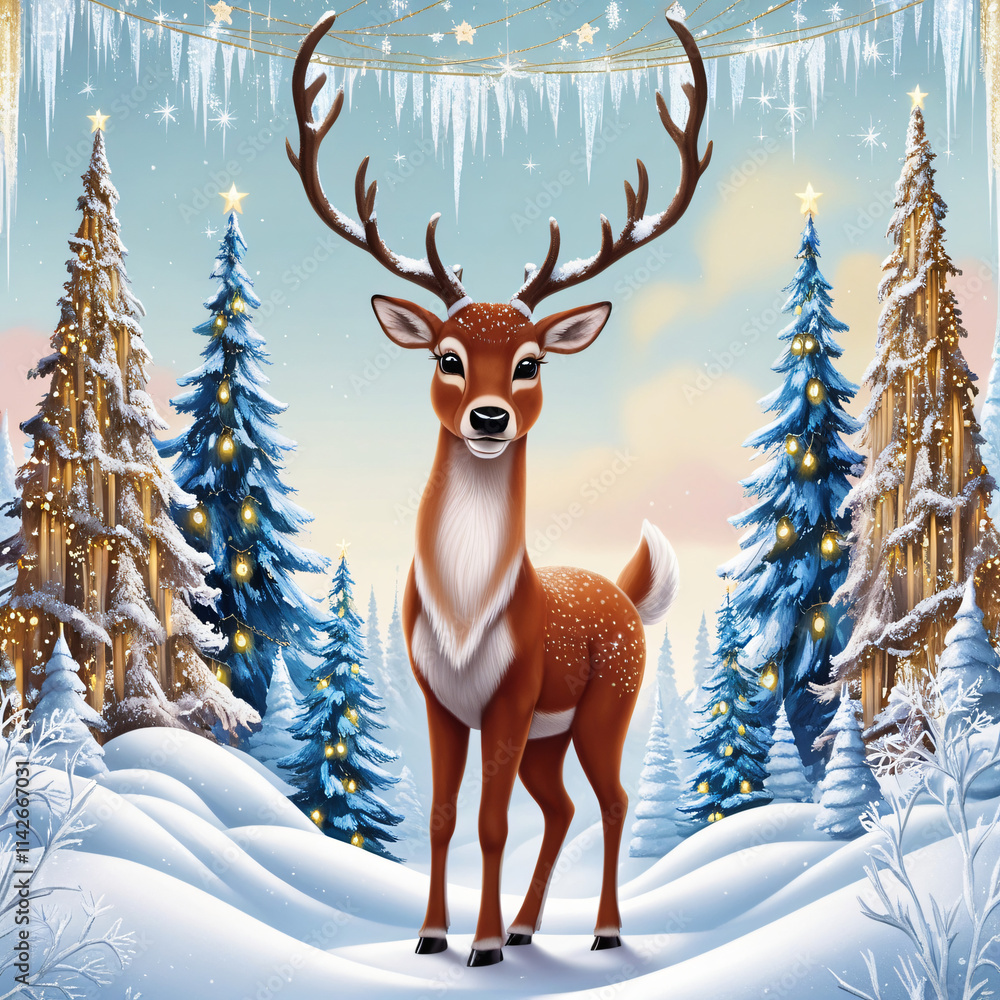 A whimsical Christmas banner featuring a majestic reindeer standing proudly at the center, surrounded by a serene snowy forest scene A whimsical Christmas banner featuring a majestic reindeer standing proudly at the center, surrounded by a serene snowy forest scene