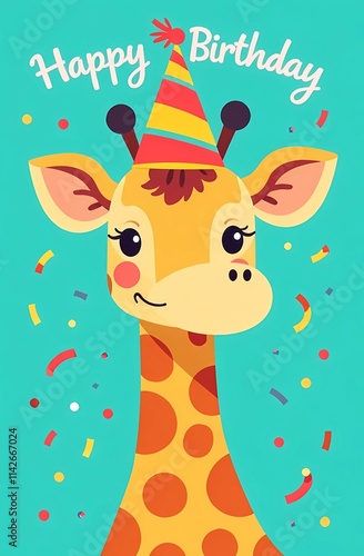 Obraz na płótnie A playful giraffe adorned with a colorful party hat sits on a blue background w salonie