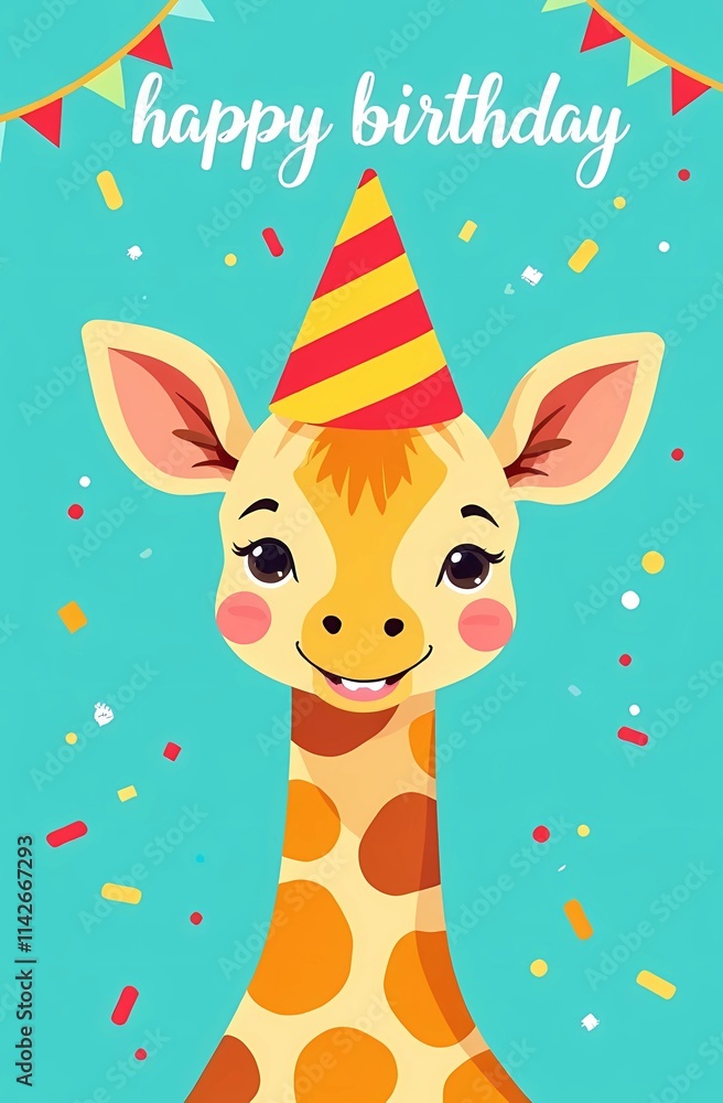 A playful giraffe adorned with a colorful party hat sits on a blue background