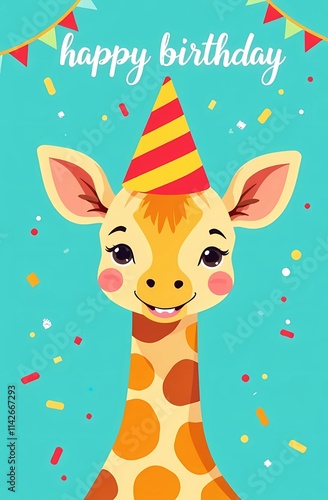 A playful giraffe adorned with a colorful party hat sits on a blue background