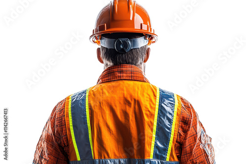 Construction worker in safety gear, viewed from behind, wearing an orange helmet and reflective vest, isolated on a white background. photo