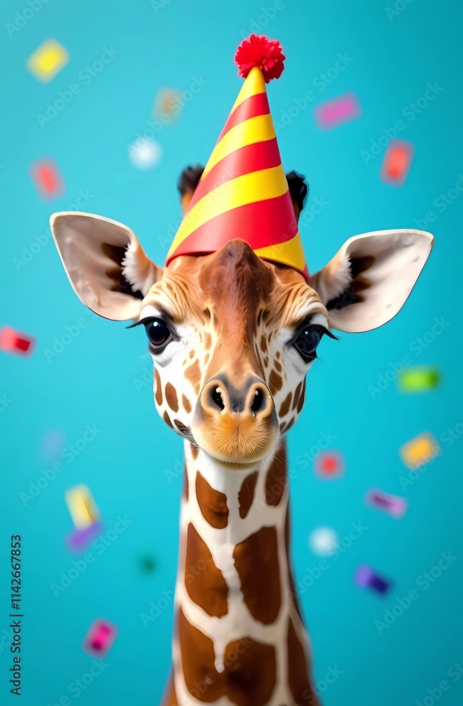 A playful giraffe adorned with a colorful party hat sits on a blue background
