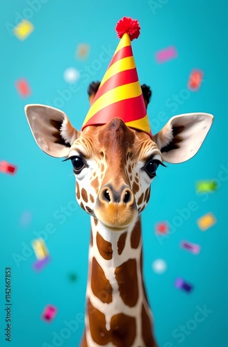 Obraz na płótnie A playful giraffe adorned with a colorful party hat sits on a blue background w salonie