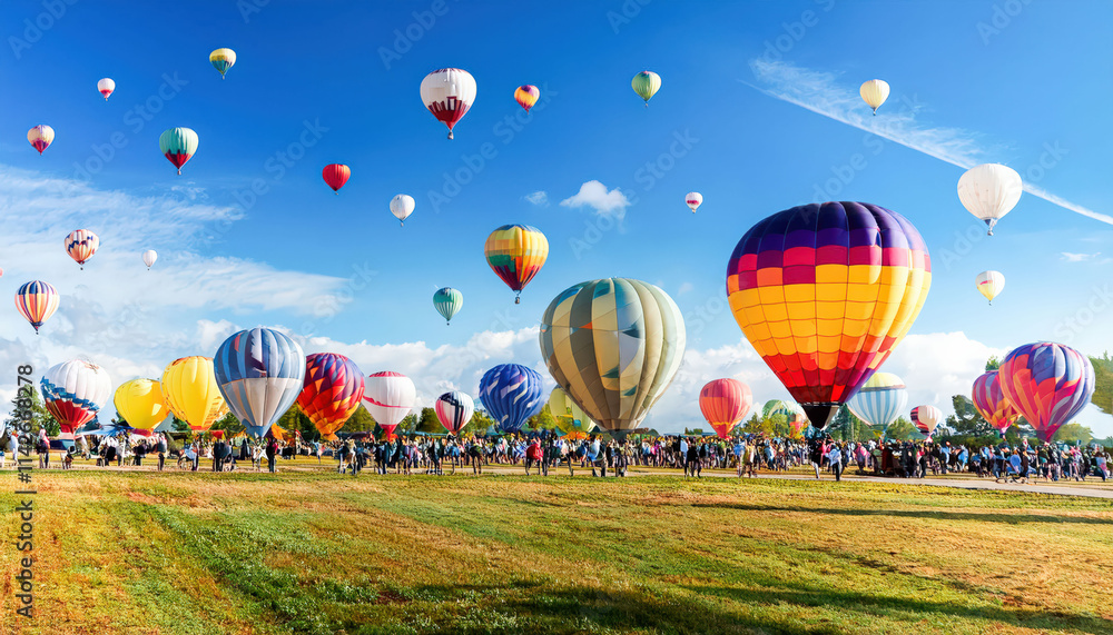 Fototapeta premium A vibrant hot air balloon festival with colorful balloons ascending into a bright blue sky, creating a picturesque and joyful atmosphere, perfect for travel, leisure, and celebration themes.