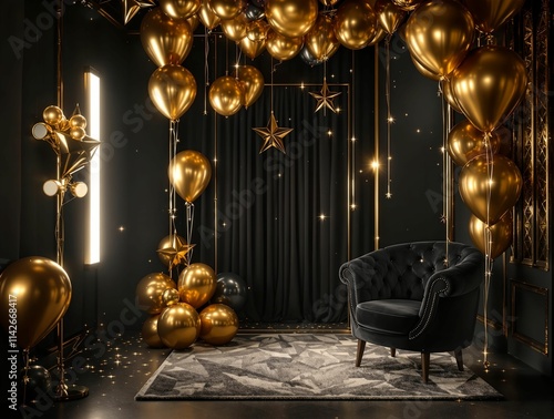  luxurious interior with a black and gold theme. It features an elegant black chair, a large mirror, and numerous golden balloons and stars hanging from the ceiling, creating a festive atmosphere.