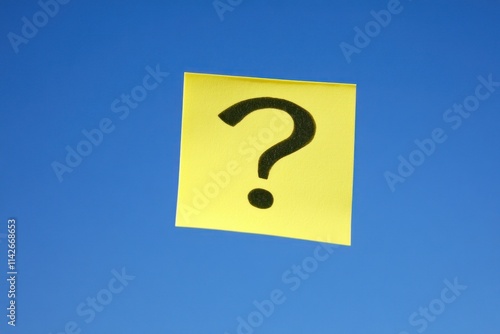 Bright Yellow Sticky Note with a Question Mark Floating Against a Clear Blue Sky, Symbolizing Curiosity, Inquiry, and Seeking Answers in a Minimalist Style