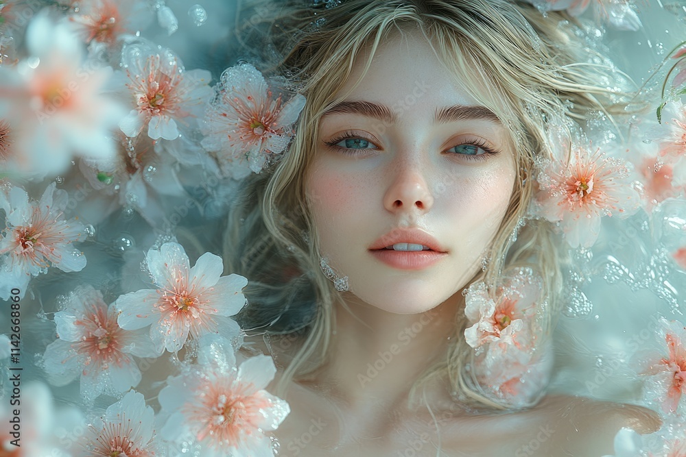 Young woman immersed in blossoms in a dreamlike setting Young woman immersed in blossoms in a dreamlike setting