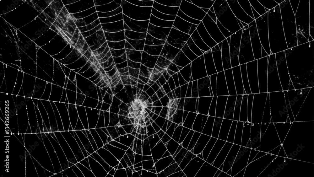 Fototapeta premium Creepy spider web covers black background Abstract