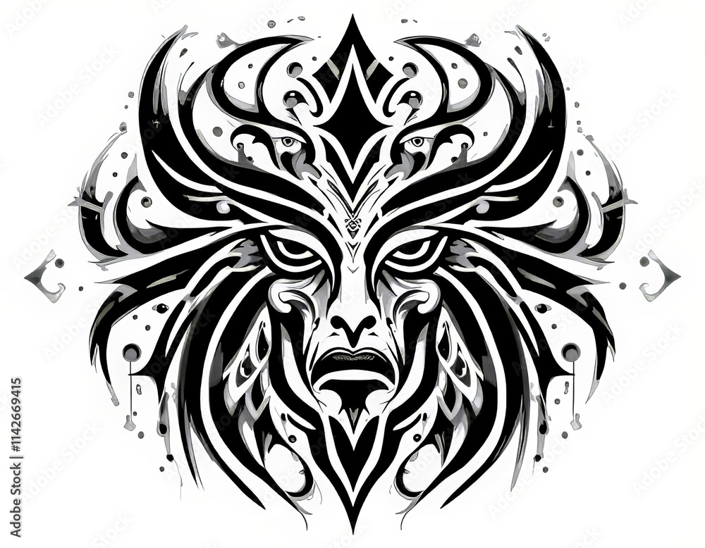 Fototapeta premium Un diseño de tatuaje atrevido de inspiración tribal que presenta un patrón negro estilizado sobre un fondo blanco nítido, con detalles intrincados y una sensación de cultura antigua