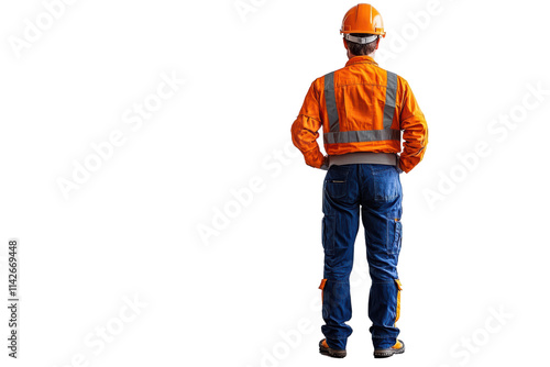 Male construction worker in safety gear, standing confidently with tools, isolated on a white background.