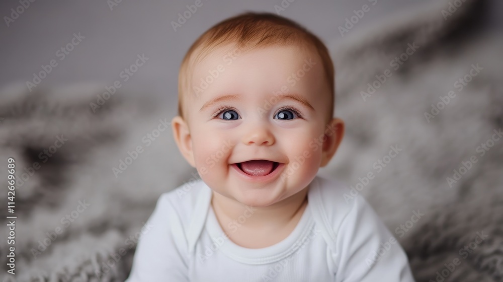 Joyful Baby Smiling While Sitting on Soft Blanket in Cozy Indoor Setting with Natural Light Creating a Warm and Inviting Atmosphere of Happiness