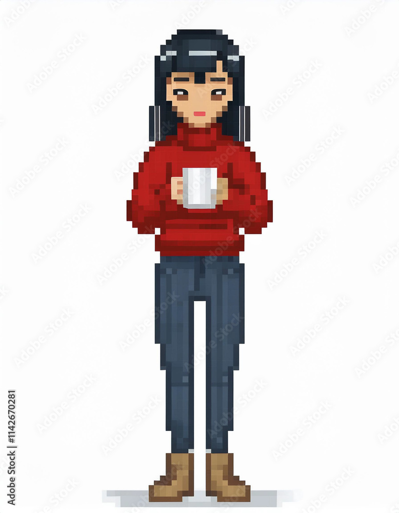 Young Asian Woman Holding a Coffee Cup Pixel Art Style Young Asian Woman Holding a Coffee Cup Pixel Art Style
