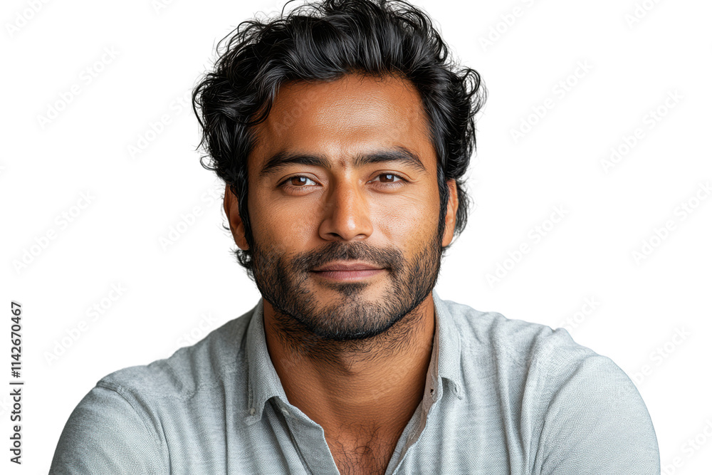 Portrait of a confident man with a friendly smile, wearing a casual grey shirt, with dark wavy hair and facial hair against a white background. Portrait of a confident man with a friendly smile, wearing a casual grey shirt, with dark wavy hair and facial hair against a white background.