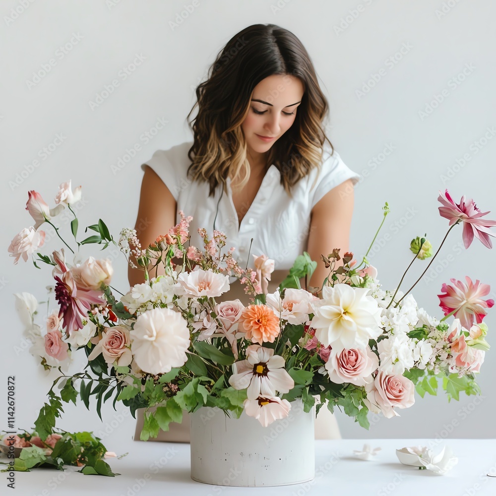 A woman arranging a beautiful floral centerpiece with various blooms. A woman arranging a beautiful floral centerpiece with various blooms.