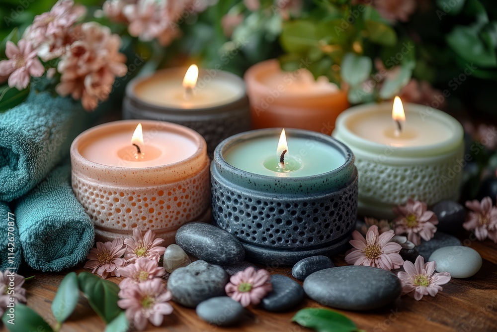 Scented candles with flowers and stones in a calm space Scented candles with flowers and stones in a calm space