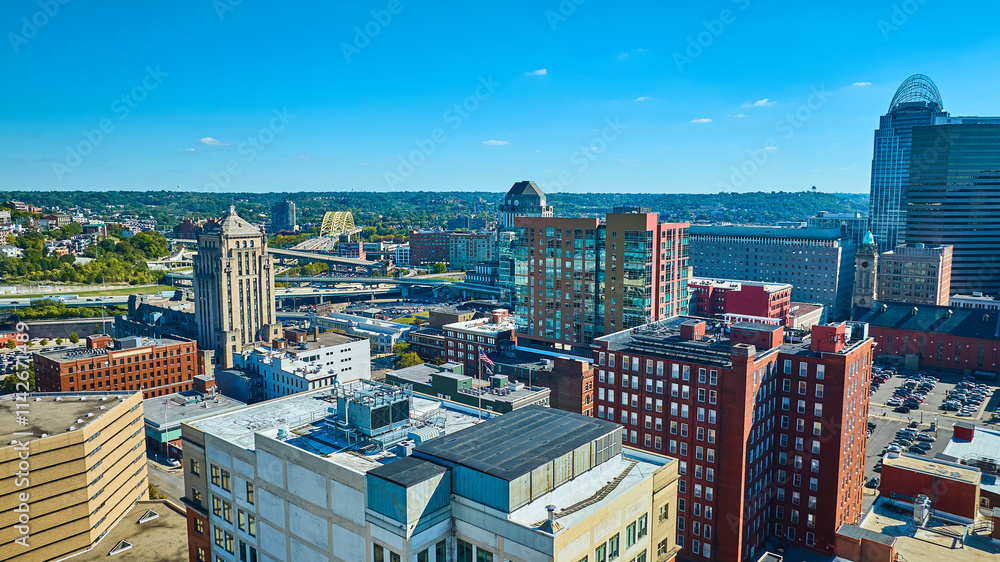 Naklejka premium Aerial of Cincinnati Skyline and Ohio River Bridge