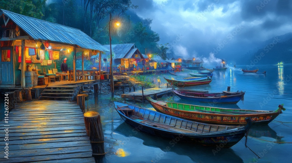 Obraz premium Wooden Boats Docked at Scenic Shoreline