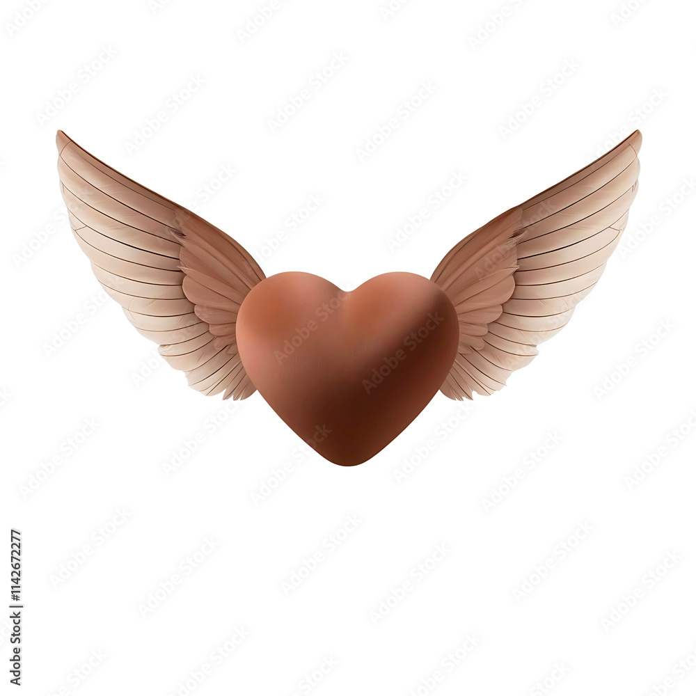 Obraz premium Mocha mousse heart icon with feathered wings, symbolizing love, freedom, and fantasy, perfect for romantic and whimsical themes isolated on a transparent background. 