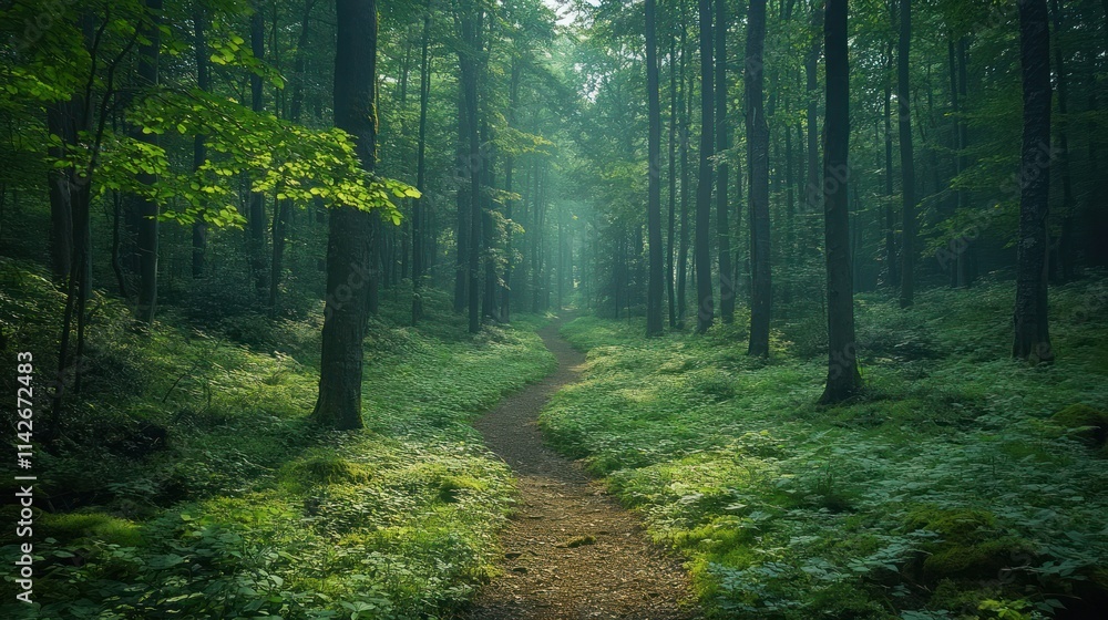 Obraz premium Misty forest path leading into deep woods.