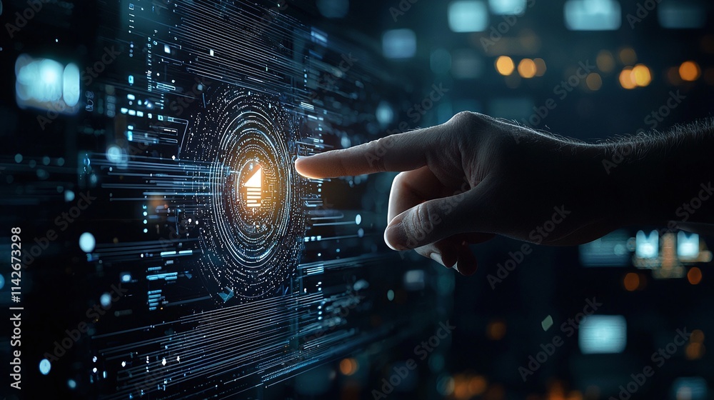 Hand Reaching to Touch Digital Security Interface Concept Hand Reaching to Touch Digital Security Interface Concept