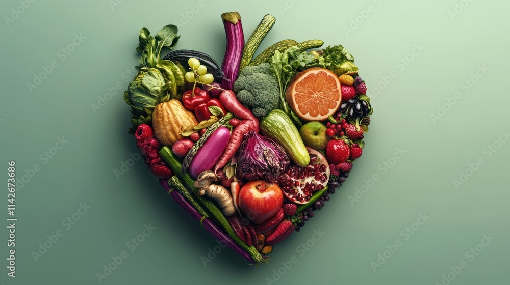 Naklejka premium A heart-shaped arrangement of various colorful fruits and vegetables promoting healthy eating.