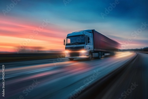 A freight truck speeds along a highway as the sun sets, creating a vibrant sky filled with hues of orange and blue. Generative AI photo