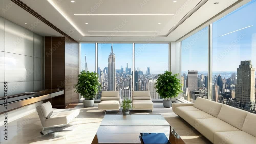 Modern interior with stunning view of the New York City skyline and ...