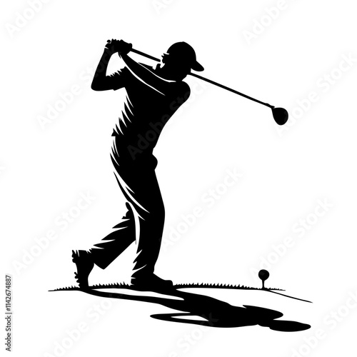 Silhouette of a golfer swinging a club on the golf course in a black and white illustration