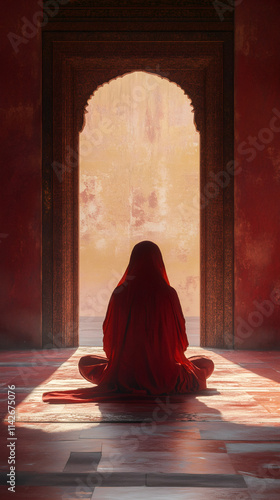 Woman meditating in red dress at temple entrance with sunlight