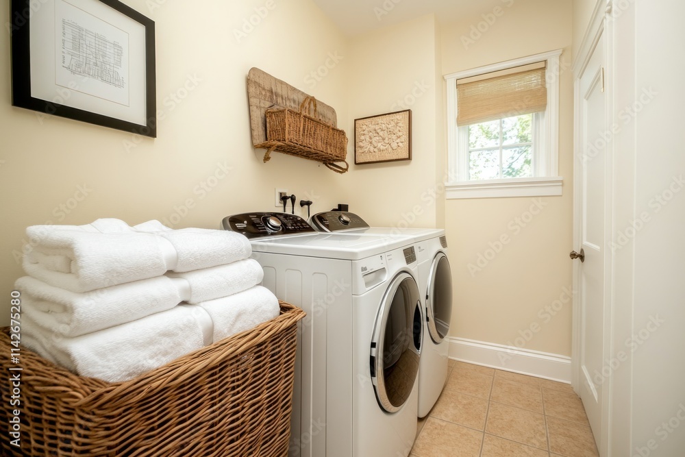 Bright and Inviting Laundry Room with Modern Appliances and Neatly Stacked Towels, Featuring Natural Light and Functional Design Elements Bright and Inviting Laundry Room with Modern Appliances and Neatly Stacked Towels, Featuring Natural Light and Functional Design Elements