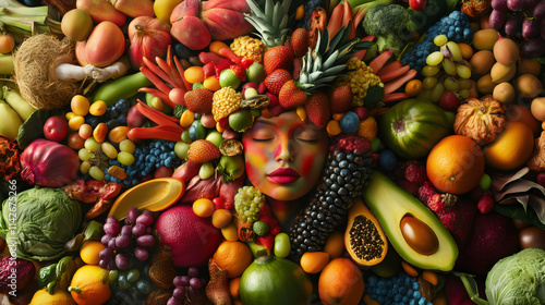 Woman with colorful face paint surrounded by fresh fruits and vegetables