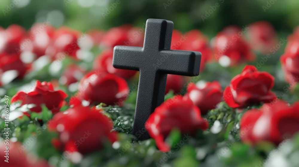 A Black Cross Standing Solemnly Amidst a Vibrant Field of Red Roses Evoking Deep Emotions of Love Loss and Remembrance in a Beautiful Garden Setting A Black Cross Standing Solemnly Amidst a Vibrant Field of Red Roses Evoking Deep Emotions of Love Loss and Remembrance in a Beautiful Garden Setting