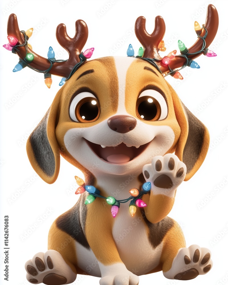 Playful Beagle Puppy with Christmas Lights and Reindeer Antlers
Playful Beagle Puppy with Christmas Lights and Reindeer Antlers