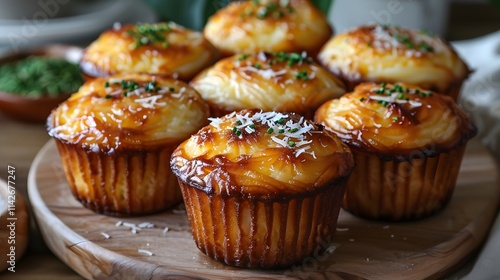 Freshly baked cupcakes with cheese on wooden tray