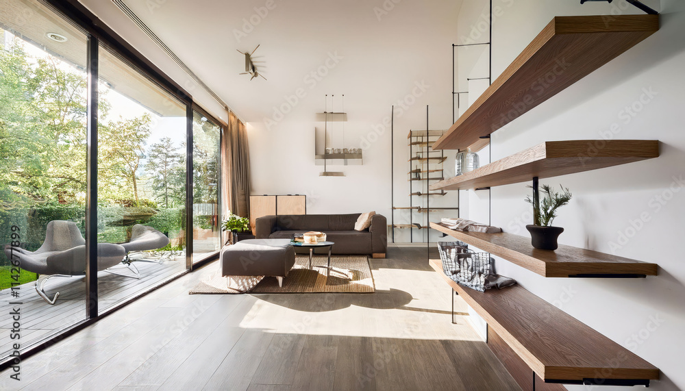 A modern minimalist apartment featuring open shelves, sleek furniture, and large windows allowing natural light to flood the space A modern minimalist apartment featuring open shelves, sleek furniture, and large windows allowing natural light to flood the space