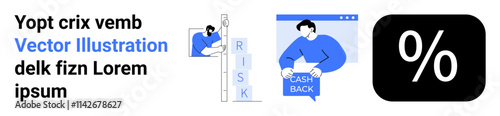 Businessman climbing risk ladder, person holding cashback sign, black percentage symbol. Ideal for financial services, online marketing, educational materials, presentations, websites, blogs